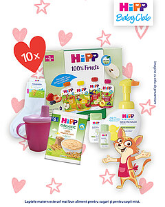 O varietate de produse pentru bebeluși, inclusiv un balon cu aer cald, o cârpă verde, o cutie de biscuiți pentru bebeluși, o sticlă de spălare pentru bebeluși și un pachet de cereale organice pentru bebeluși.