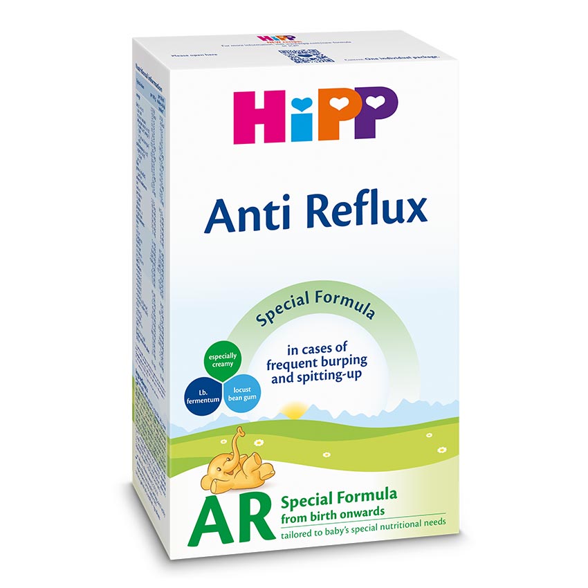 A box of a baby food product labeled "HiPP Anti Reflux" with a special formula designed to address frequent burping and spitting-up.
