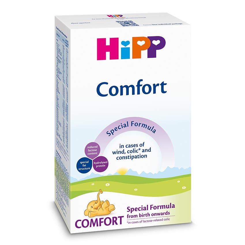 A box of a product named "HiPP Comfort," which is a special formula for babies, designed to address issues like wind, colic, and constipation.