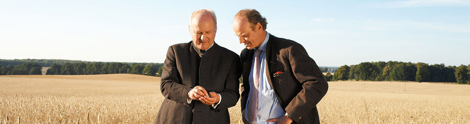 Two men in suits stand in a field, one holding the other's hand.