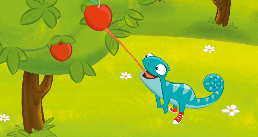 A chameleon with red shoes is reaching for an apple on a tree.