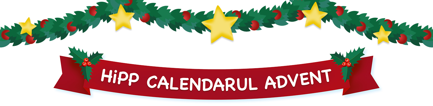 Un banner roșu cu textul "HIPP CALENDARUL ADVENT" este flancat de o ghirlandă verde cu fructe de pădure roșii și stele galbene.