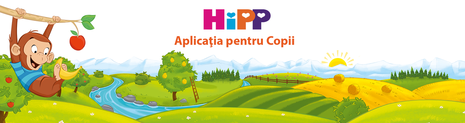 O maimuță se leagănă de creanga unui copac, ținând în mână o banană, pe fundalul unui peisaj rural vibrant cu un râu, dealuri și un soare care răsare.