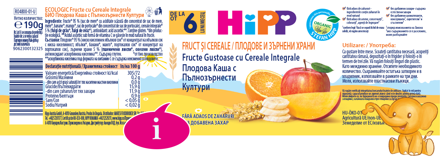O etichetă de produs pentru un produs alimentar, care prezintă un design colorat cu un elefant de desene animate, o listă de ingrediente și informații nutriționale.