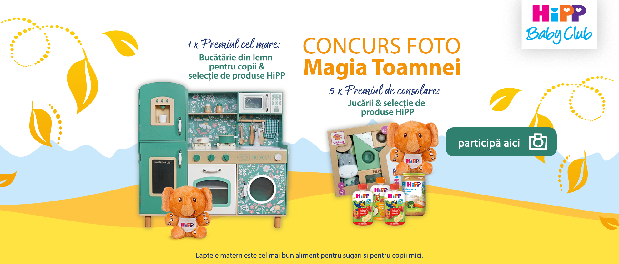 Un banner promoțional pentru un concurs de fotografie organizat de HiPP Baby Club, care prezintă o bucătărie de jucărie și produse alimentare pentru copii HiPP, cu un buton de participare și o notă privind termenii concursului.