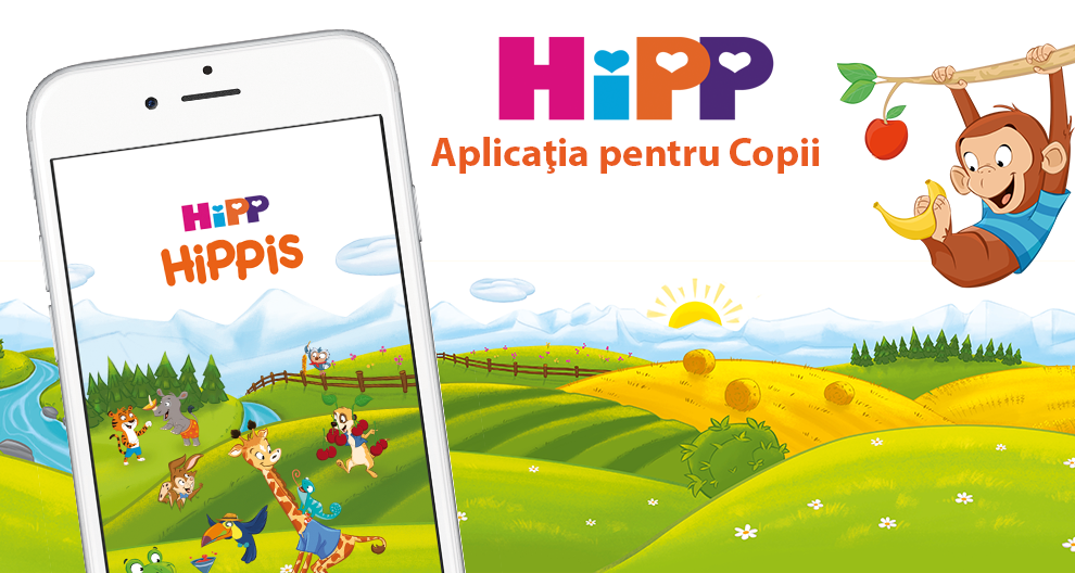 Un telefon mobil afișează o interfață de aplicație colorată cu animale animate, în timp ce o maimuță de desene animate atârnă de o creangă de copac, ținând în mână o banană și un măr.