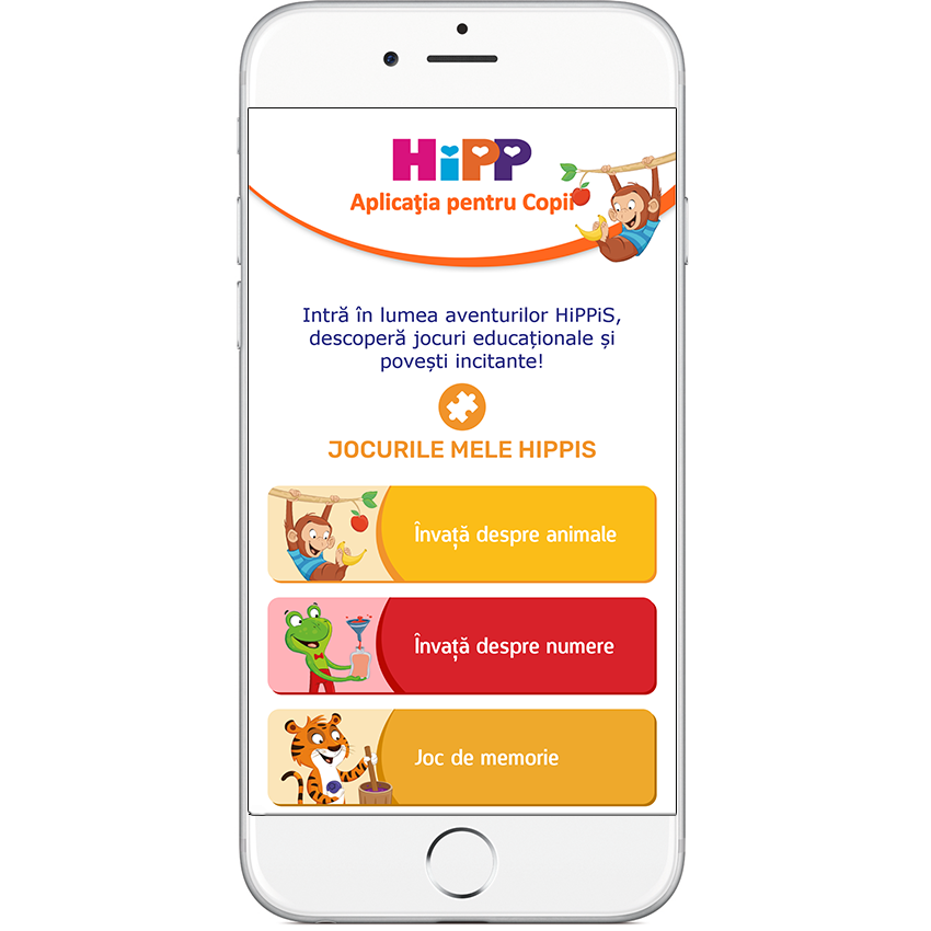 O interfață de aplicație mobilă pentru o aplicație educațională pentru copii denumită "hippis", care prezintă trei opțiuni de joc interactive cu personaje animate.