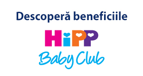 Textul "descopera beneficile" deasupra logo-ului "hipp baby club".