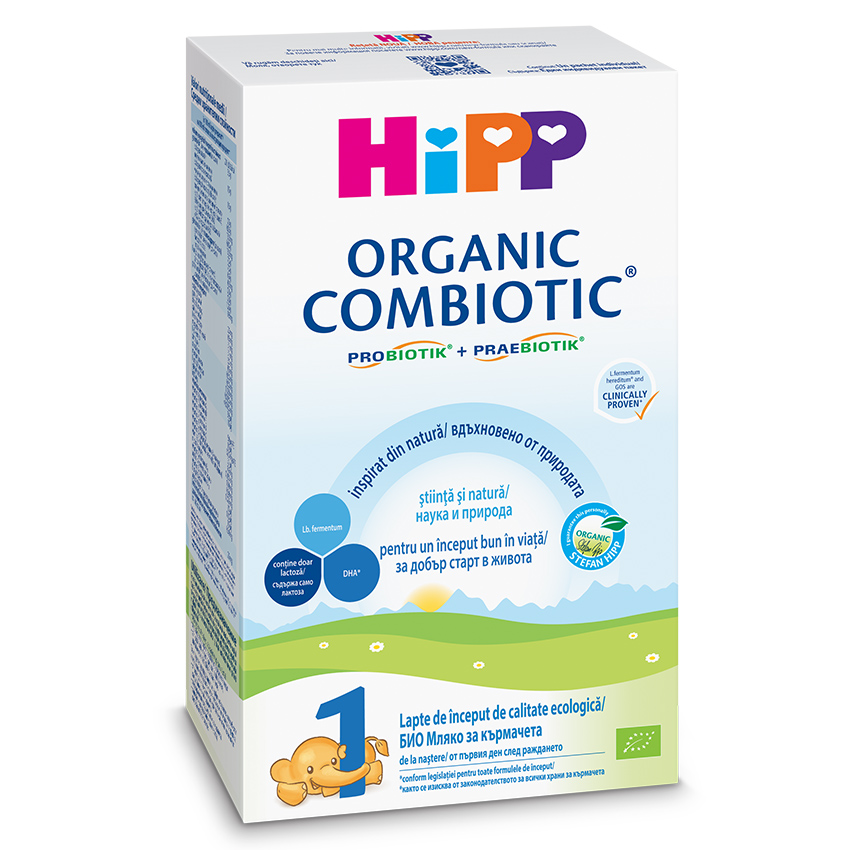 O cutie de lapte praf pentru copii hipp organic combiotic etapa 1 cu un elefant de desene animate în colțul din dreapta jos.