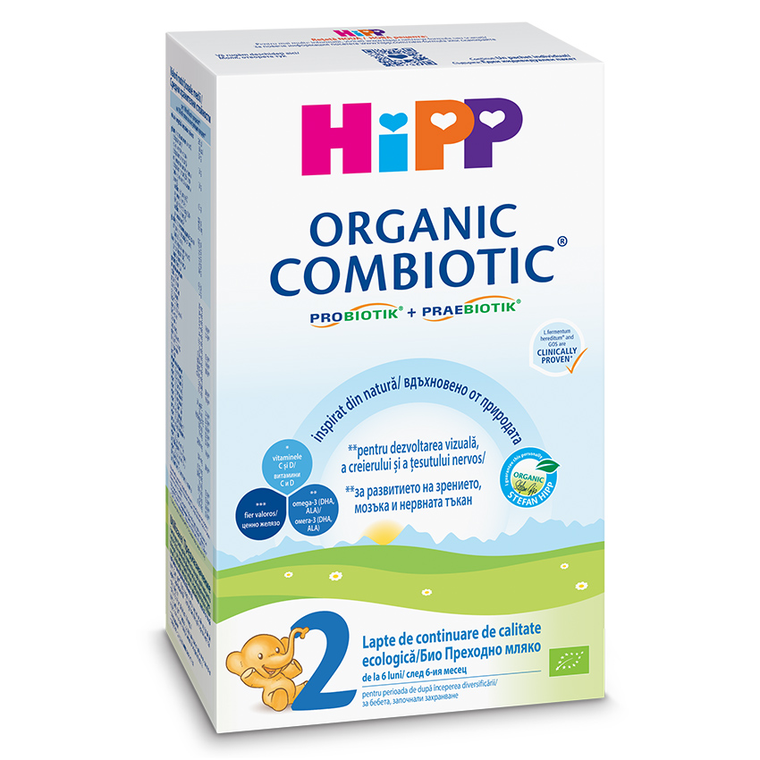 O cutie de lapte praf pentru bebeluși hipp organic combiotic etapa 2 cu un elefant desenat, un cod qr și diverse informații textuale în mai multe limbi.