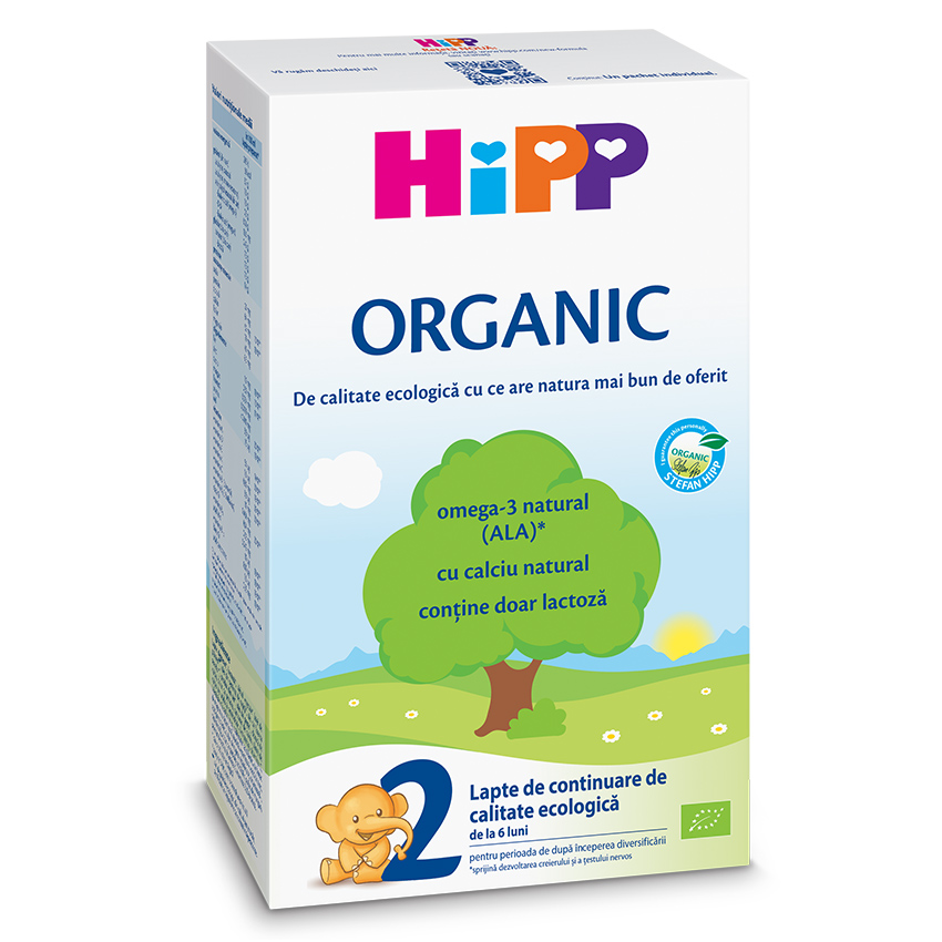O cutie de lapte praf organic pentru bebeluși Hipp, cu accent pe omega-3 natural, calciu natural și lactoză, cu un elefant de desene animate și un cod QR.