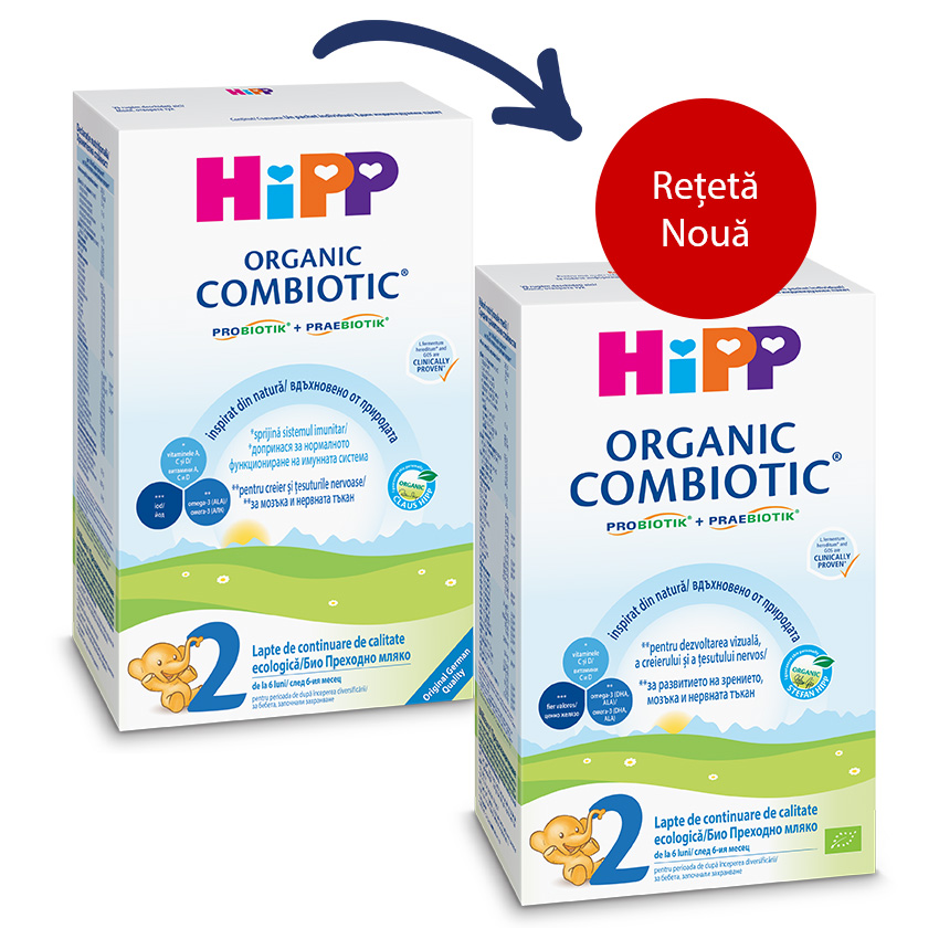 Sunt expuse două cutii de lapte praf pentru copii Hipp Organic Combiotic Etapa 2, dintre care una este marcată ca produs nou.
