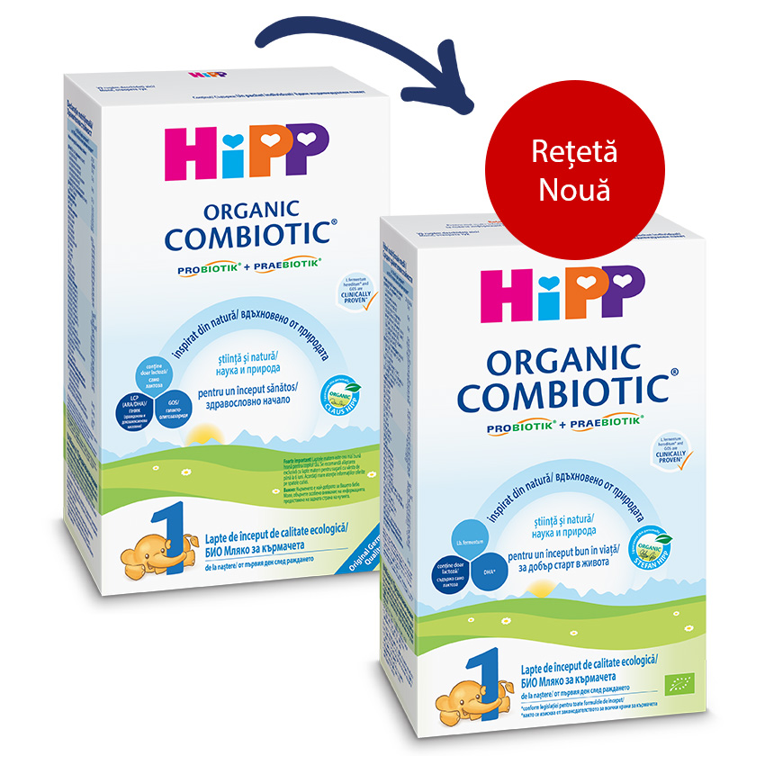 Sunt expuse două cutii de lapte praf pentru copii Hipp Organic Combiotic Etapa 1, dintre care una este marcată ca produs nou.