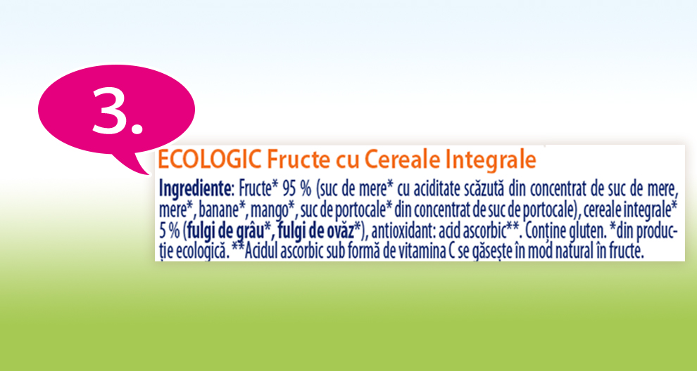 O etichetă pentru un produs alimentar cu titlul "fructe ecologice cu cereale integrale" și enumeră ingrediente precum 95% fructe, 5% cereale și conține gluten.