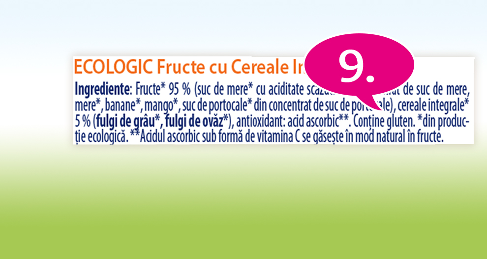 Prim plan al etichetei unui produs alimentar cu titlul "ecologic fructe cu cereale in" și o listă de ingrediente.