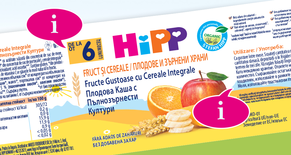 O etichetă de produs cu text în mai multe limbi, informații nutriționale și o imagine de fructe și cereale.