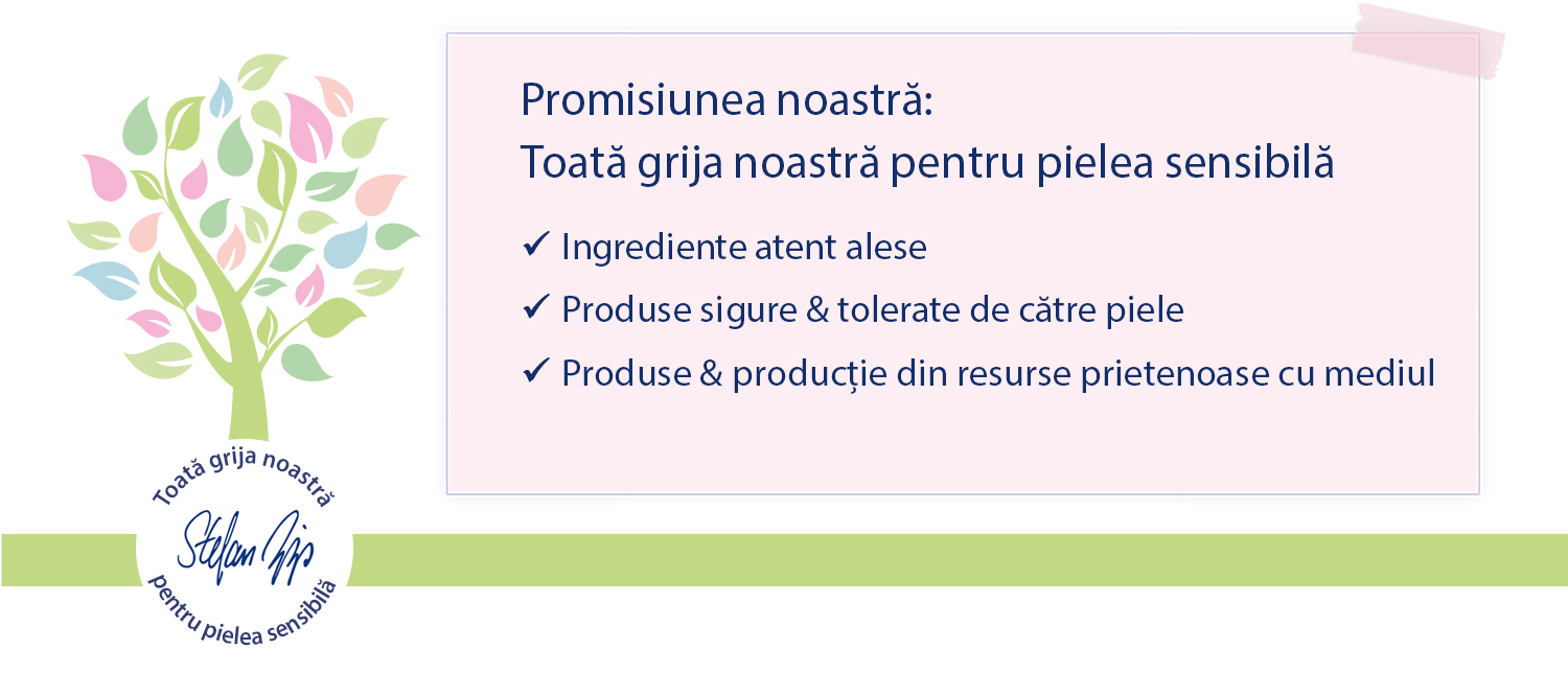 Un copac cu frunze colorate și o listă de trei promisiuni în limba română, subliniind sensibilitatea produsului pentru piele.
