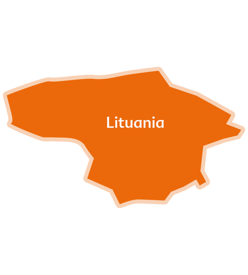O hartă simplificată a Lituaniei cu numele țării scris pe ea.