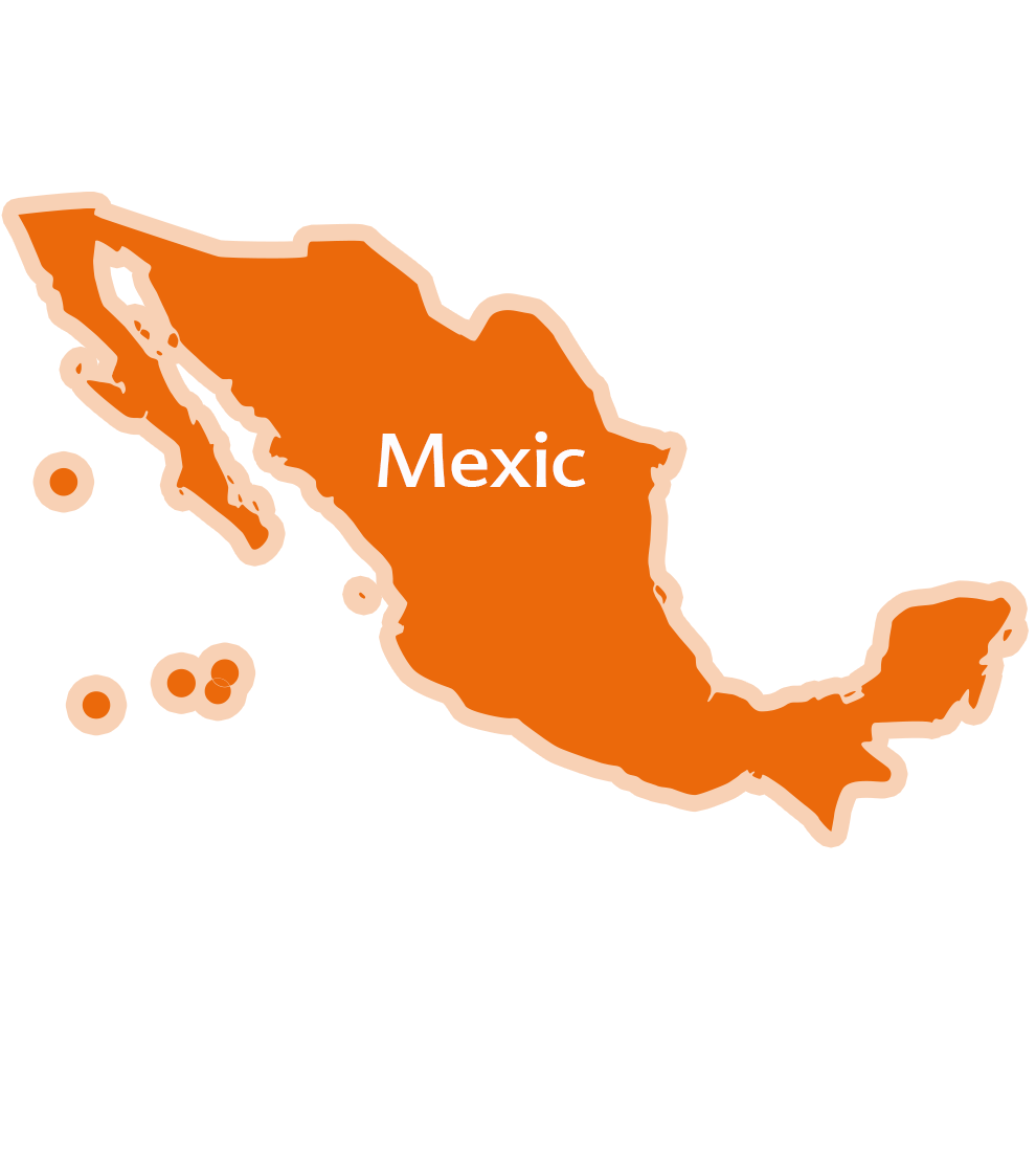 O hartă simplă a Mexicului cu numele țării scris pe ea.