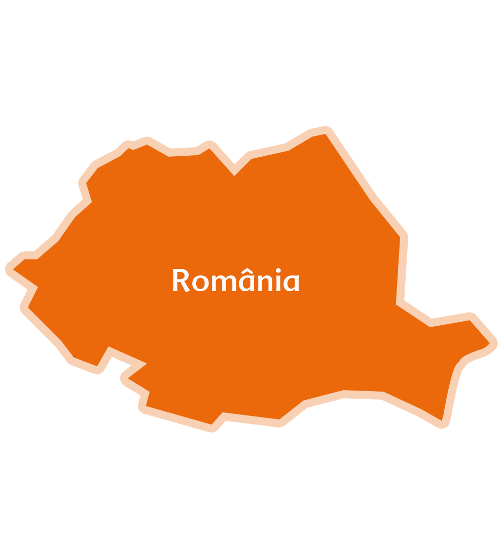 O siluetă a formei geografice a României completată cu o culoare galbenă, cu cuvântul "romania" scris în centru.