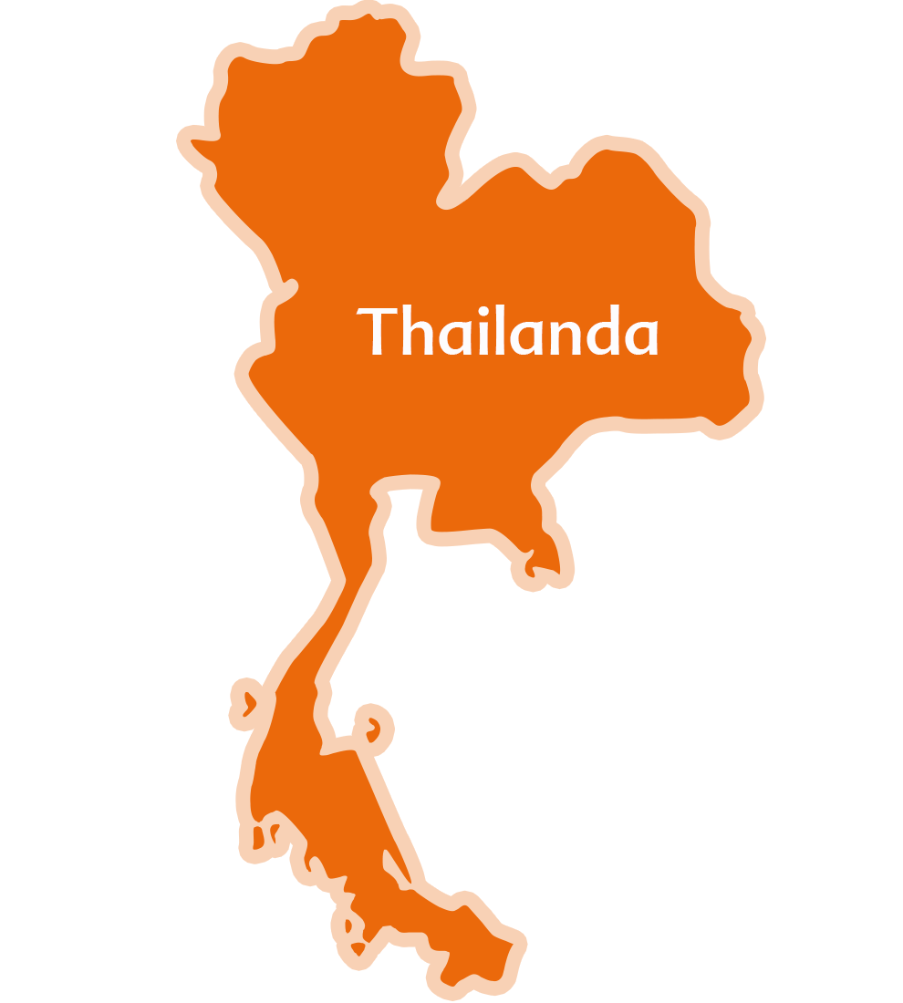O hartă a Thailandei cu numele țării scris pe ea.