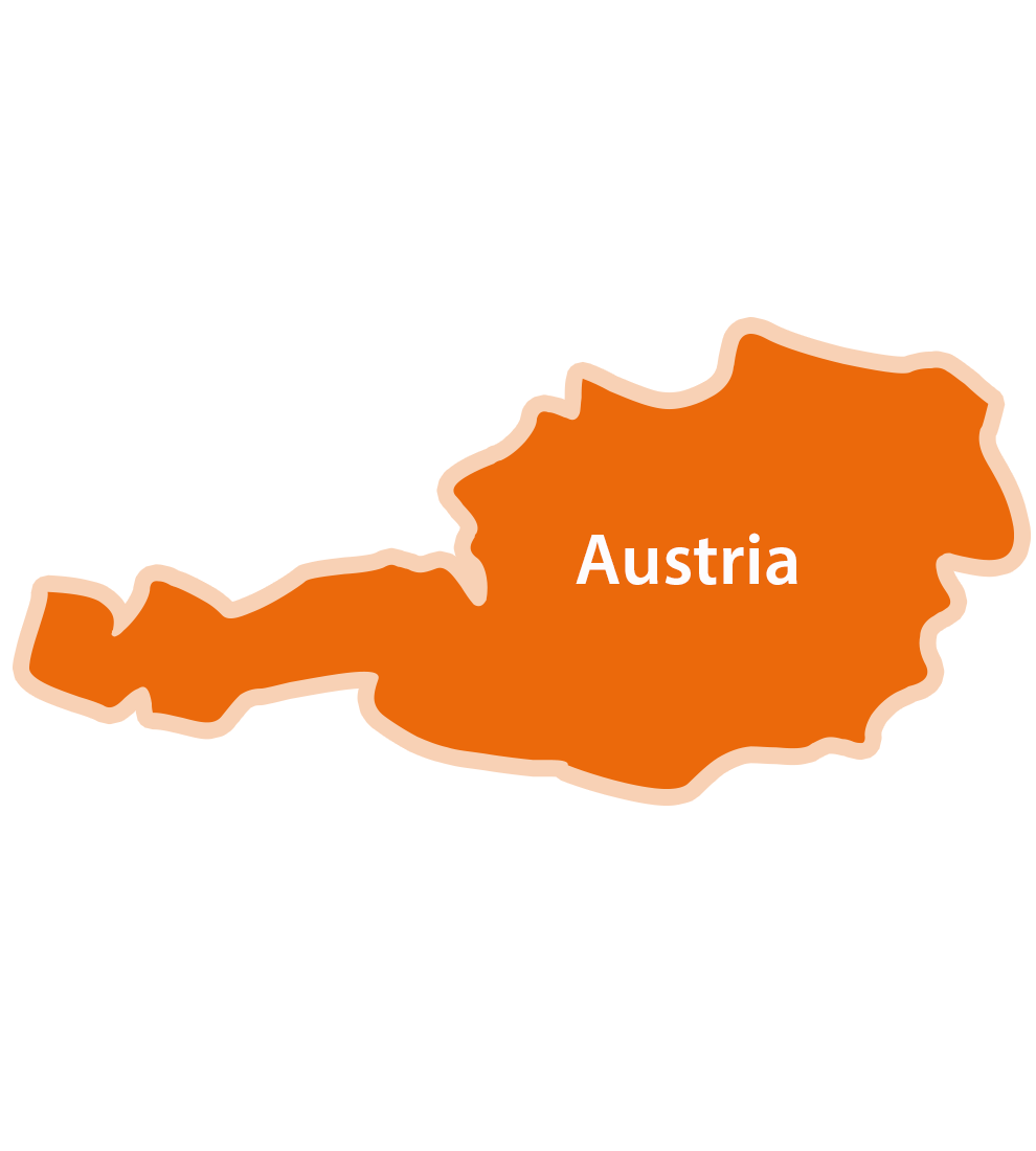 O hartă simplificată a Austriei cu numele țării scris pe ea.