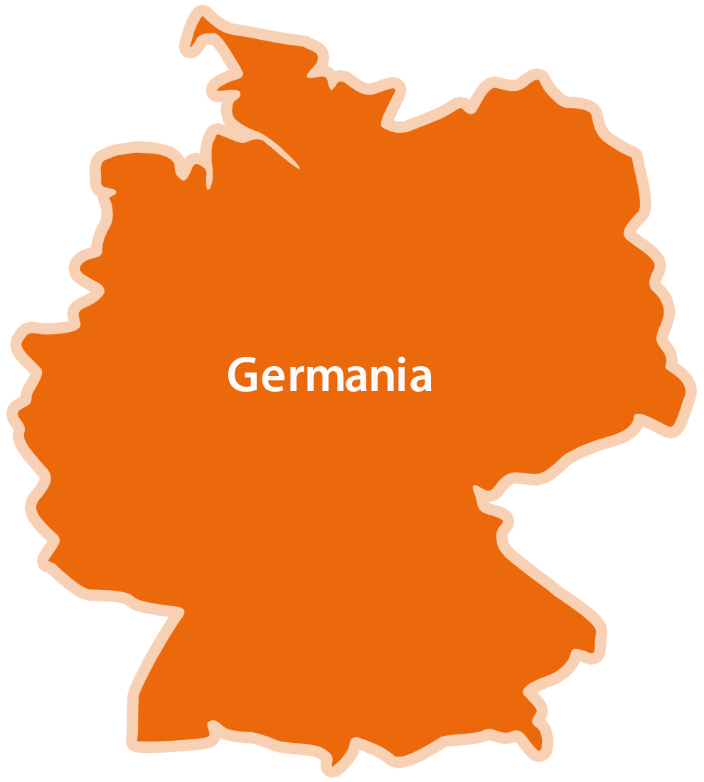 O siluetă a unei hărți cu cuvântul "germania" scris în centru.
