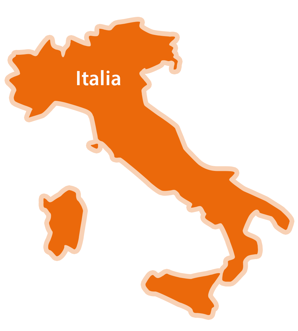 O hartă simplă, fără ornamente, a Italiei, cu numele țării scris în text alb.