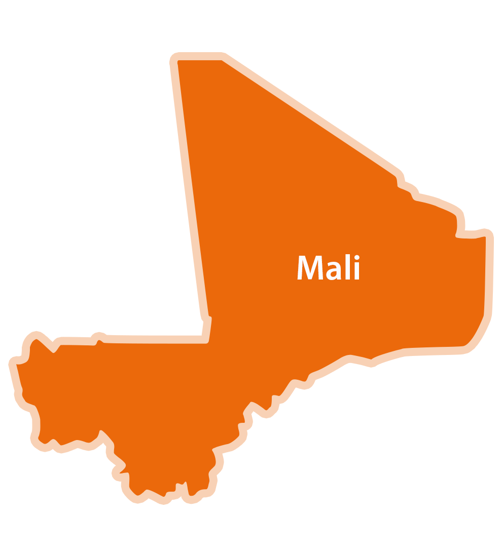O hartă simplă a Mali, o țară din Africa de Vest, cu numele său afișat în mod vizibil.