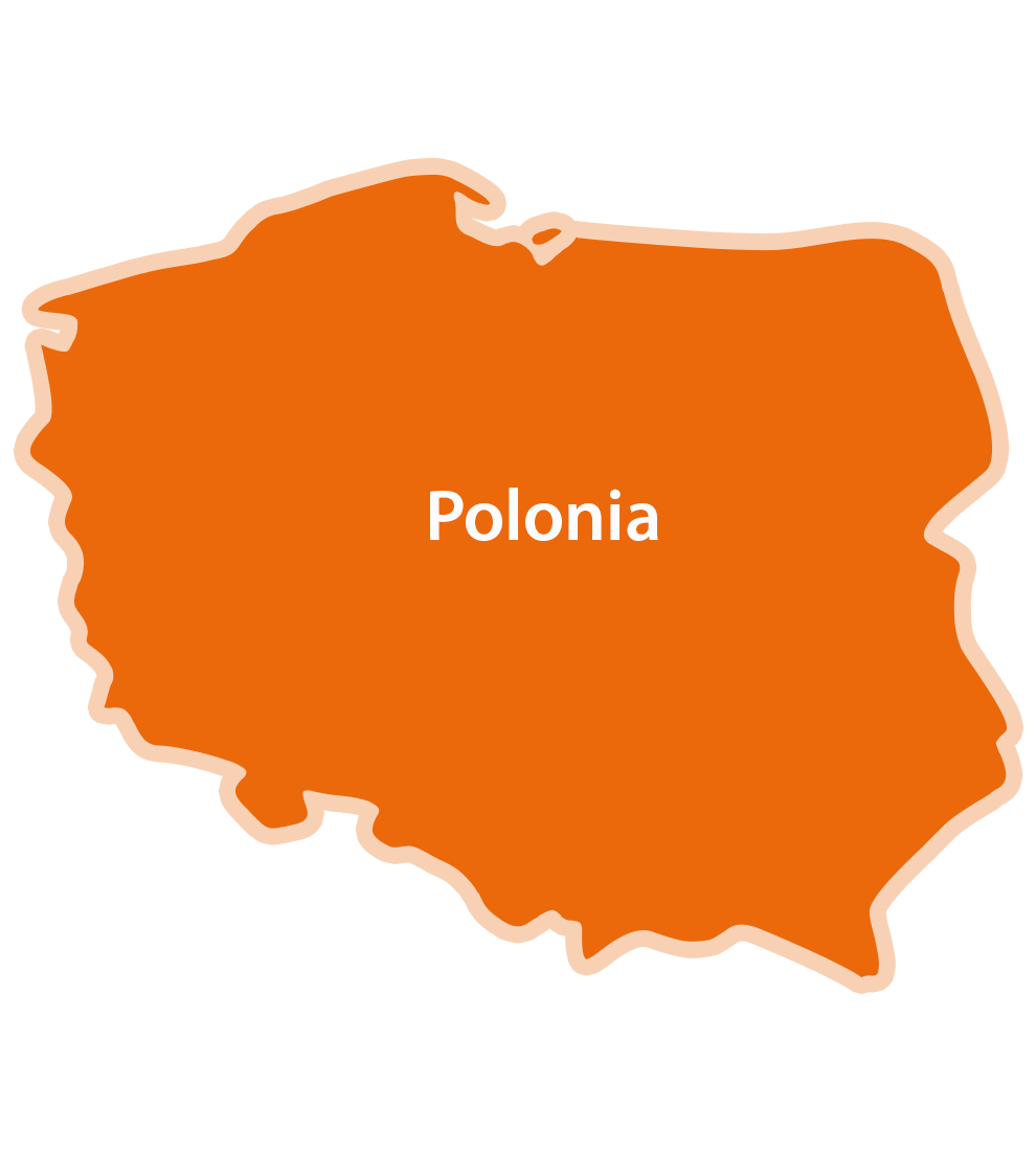 O hartă simplificată a Poloniei cu numele țării scris în centru.
