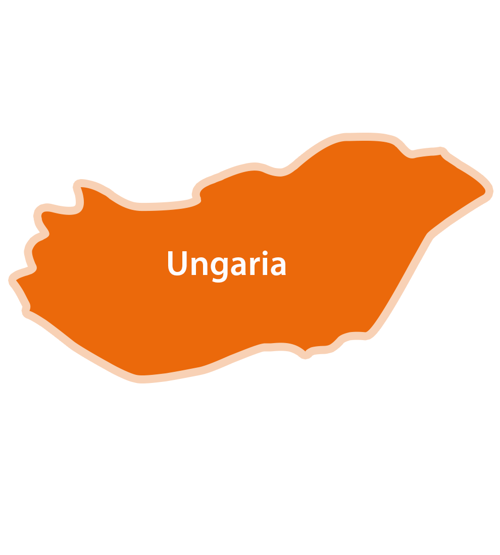 O hartă a Ungariei cu numele țării scris pe ea.