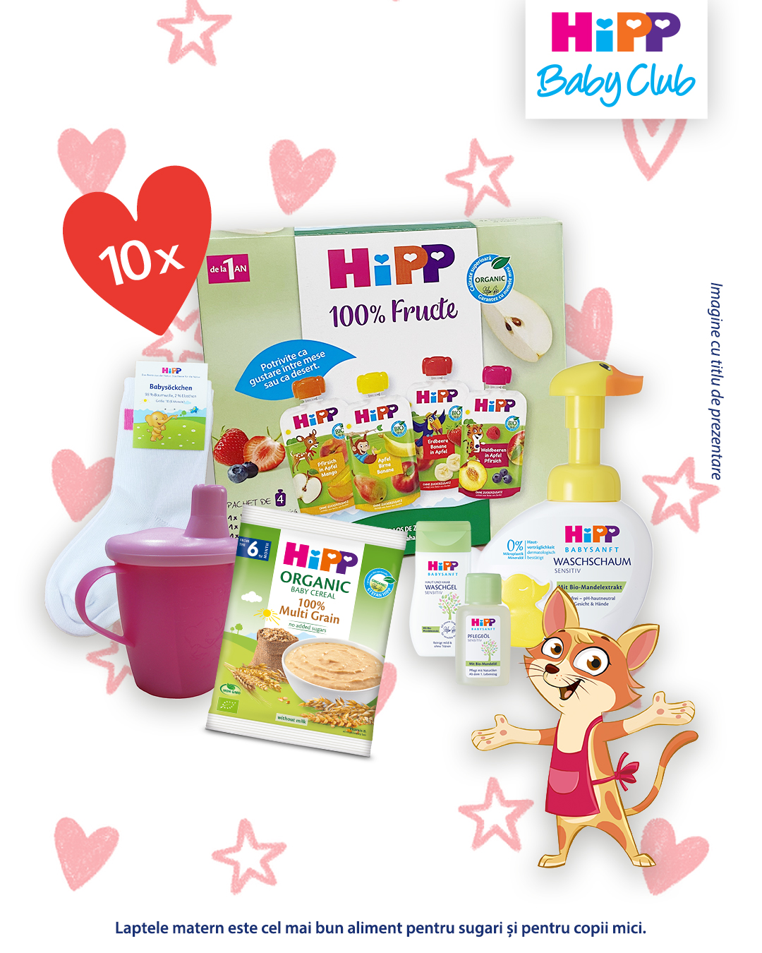 O varietate de produse pentru bebeluși, inclusiv un balon cu aer cald, o cârpă verde, o cutie de biscuiți pentru bebeluși, o sticlă de spălare pentru bebeluși și un pachet de cereale organice pentru bebeluși.