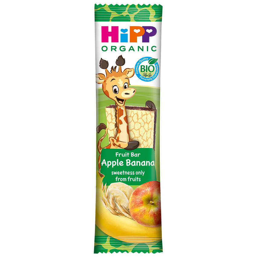 Un ambalaj de baton de fructe cu un personaj girafă, etichetat ca fiind organic și bio, cu aroma "Apple Banana" și un slogan potrivit căruia dulceața provine numai din fructe.