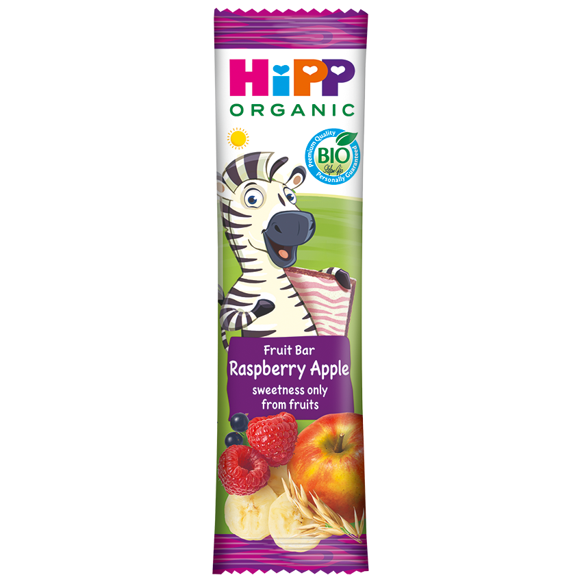 Un ambalaj de baton de fructe cu un personaj zebră, etichetat ca fiind organic și bio, cu aroma 