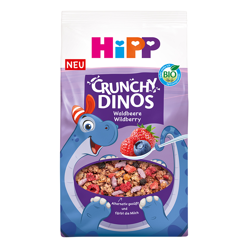 Un dinozaur albastru purtând o pălărie roșie este prezentat mâncând un amestec de fructe de pădure dintr-un castron.