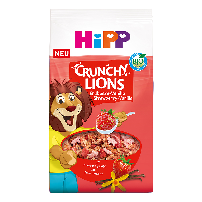 Un produs alimentar ambalat cu o mascotă leu, o căpșună și un bol cu alimente crocante.